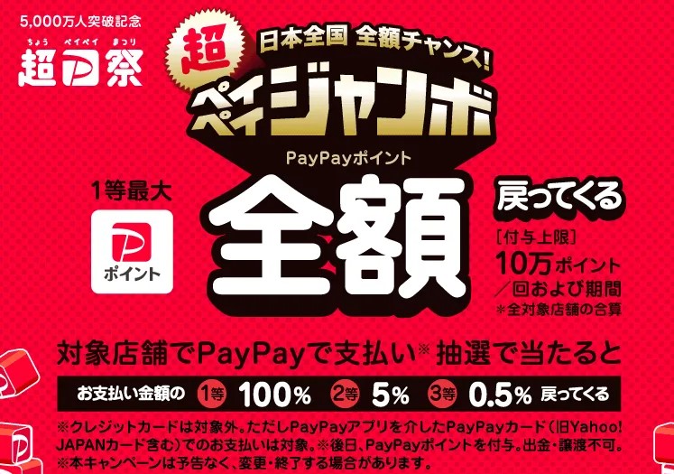 支払いの数パーセントが還元されるPayPayジャンボは12月18日まで開催中