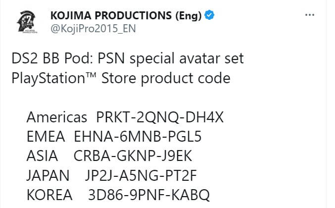 KOJIMA PRODUCTIONSがDS2発表を記念してPSNアバターを無料配布