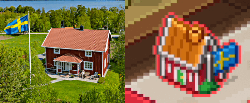 Röd stuga vid sjö, södra Sverige