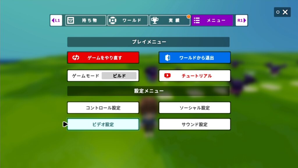 フィールドでタッチパッド押して、R1ボタンでカテゴリを切り替えながらメニュー → ビデオ設定に移行してください。
